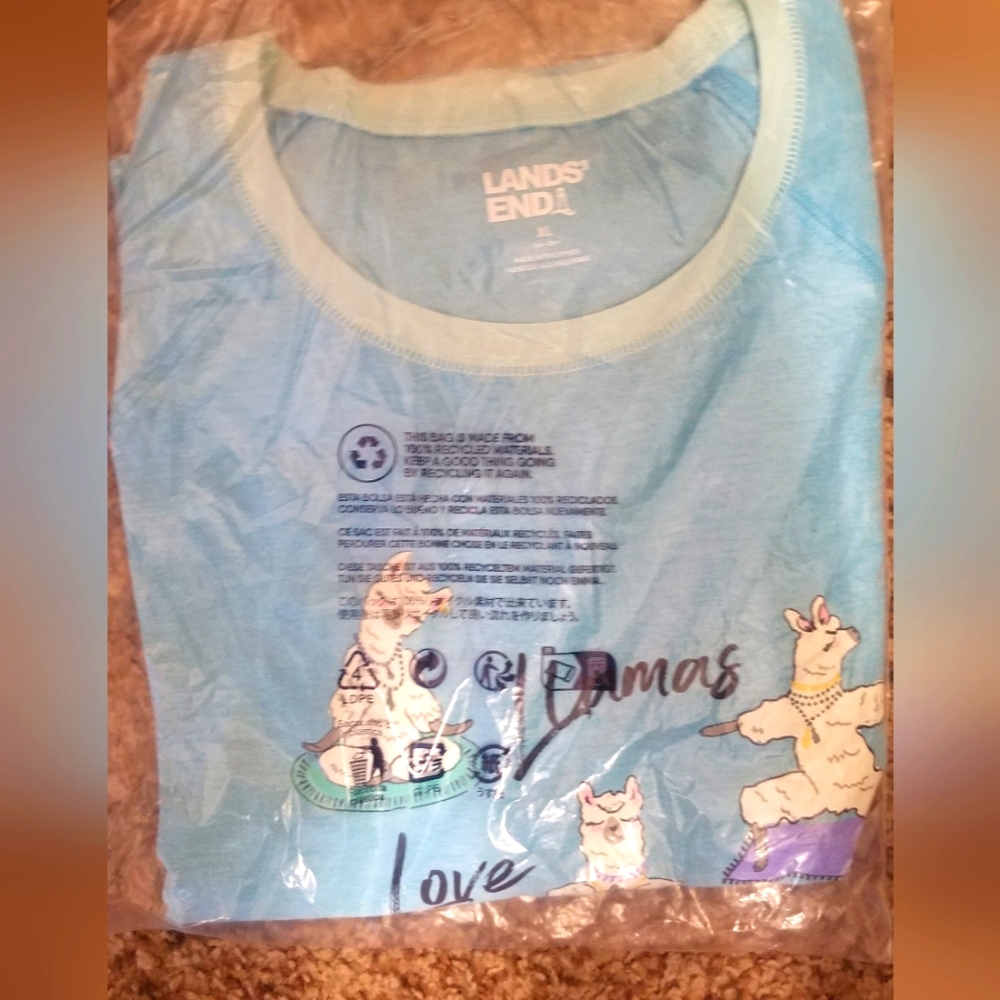 NWT Lands' End Blue Llamas Love Yoga Graphic Tee XL